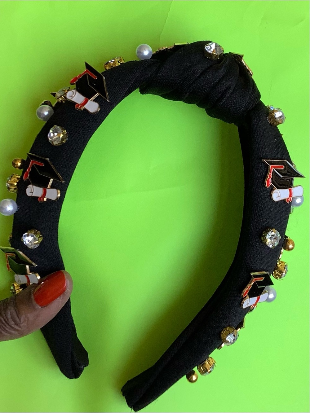 Embellished Black Knotted Headband  of Diplomas and Graduation Caps